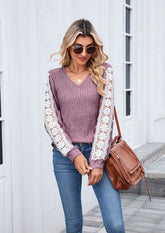 Lace Inset V Neck Long Sleeve T-shirt